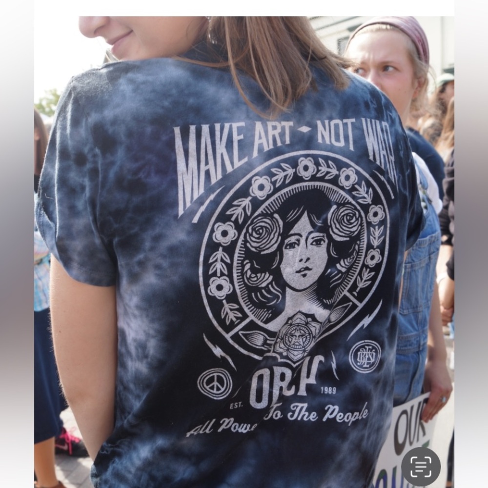 Obey navy blue tie-dye graphic T-Shirt, Make Art Not War, size XS, unisex